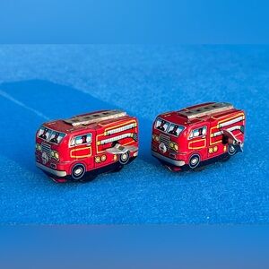 Set of 2 vintage Japanese tin wind-up fire truck toys